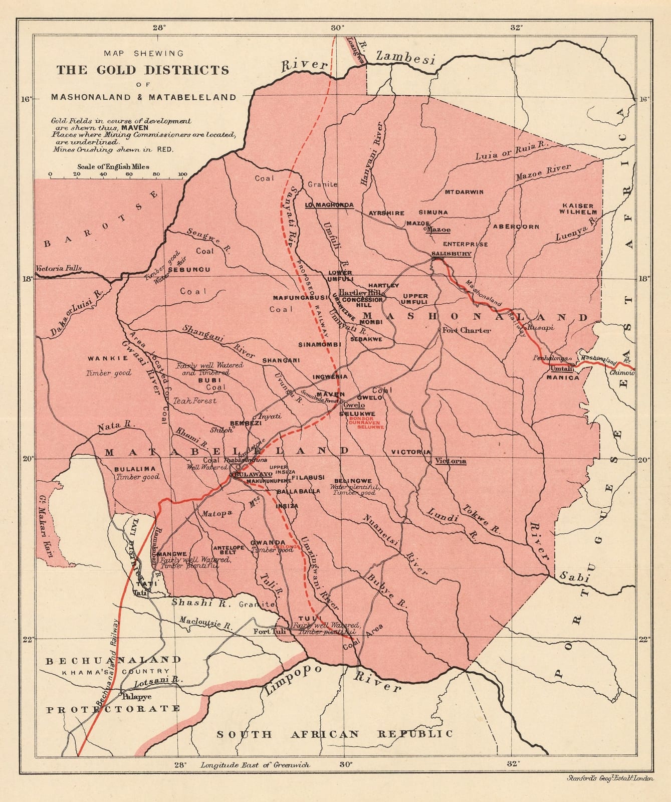 Scottish Geographical Society (SGS), Map Shewing The Gold Districts of Mashonaland & Matabeleland, 1900