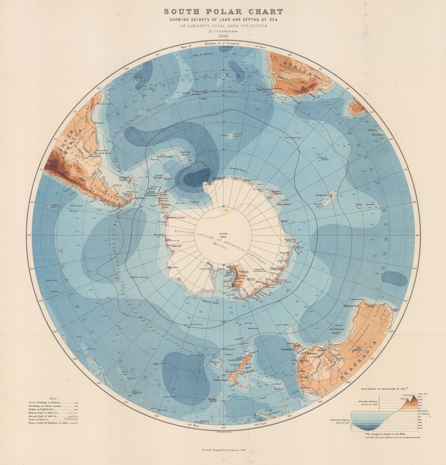 Scottish Geographical Society (SGS), South Polar Chart showing Heights of Land and Depths of Sea, 1886