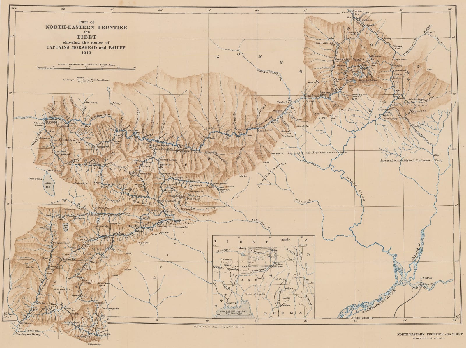 Royal Geographical Society (RGS), Part of the North-Eastern Frontier and Tibet showing the routes of Captains Morshead and Bailey 1913, 1914