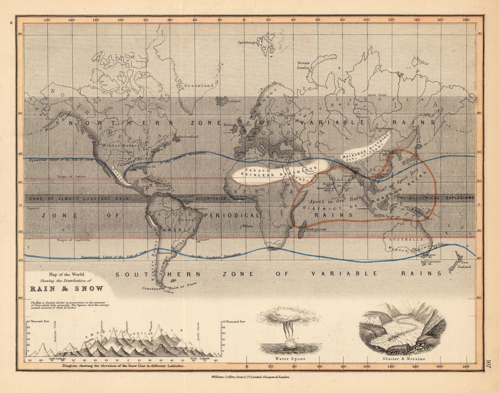 William Collins, Map of the World Showing the Distribution of Rain & Snow, 1890 c.
