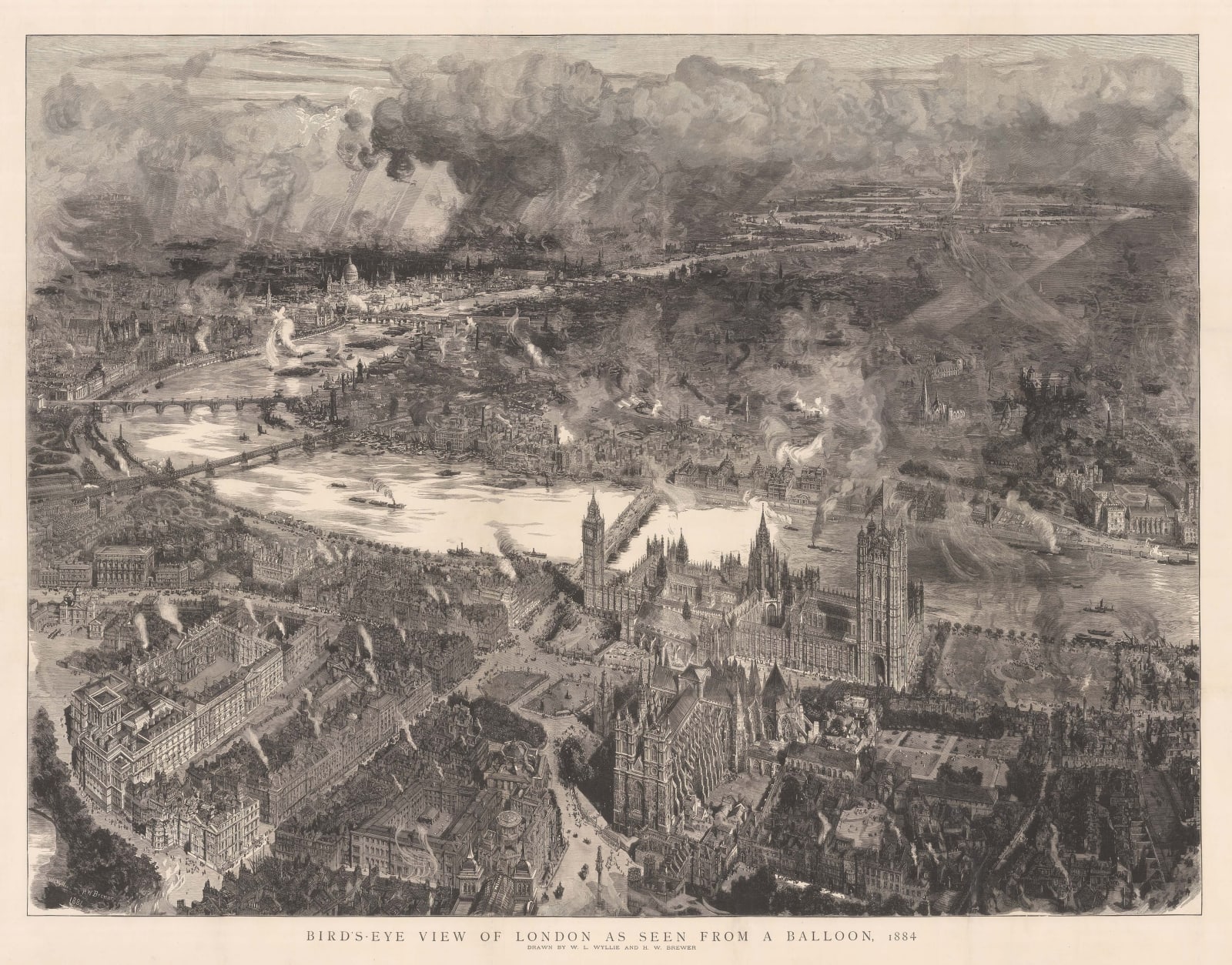 The Graphic Magazine, London - Balloon View over London, 1884