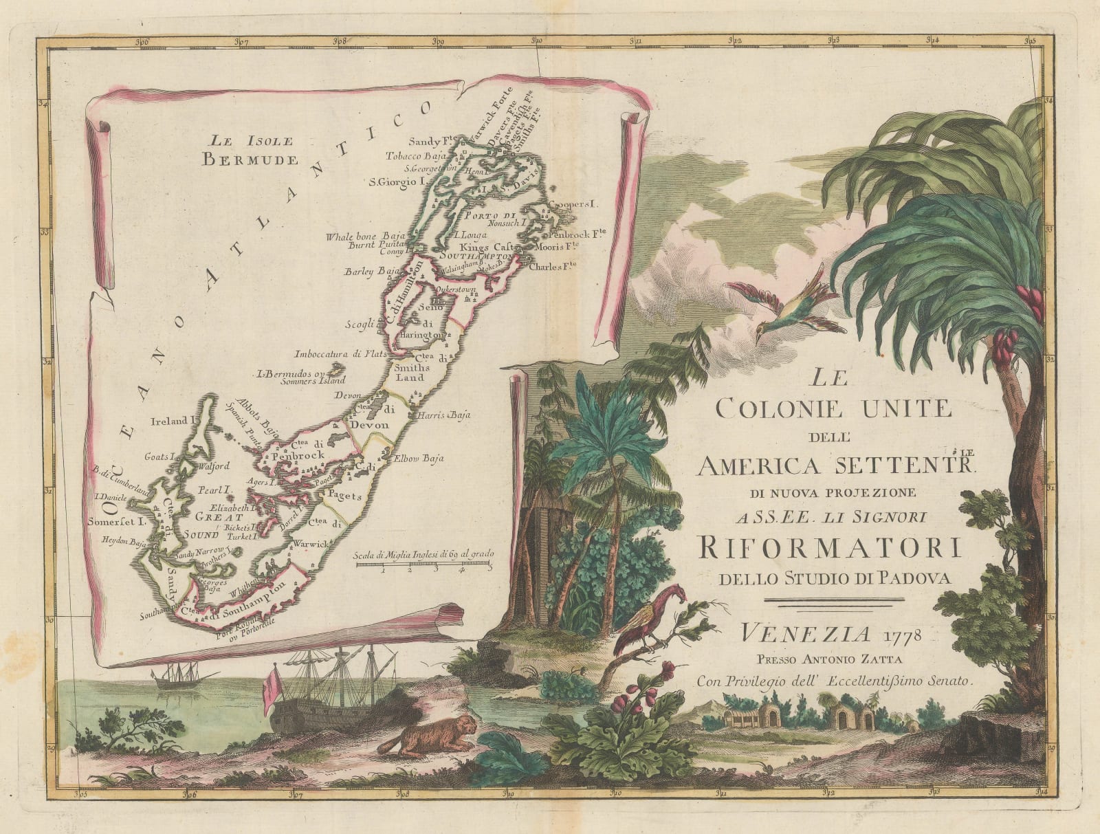 Antonio Zatta, Decorative Italian map of Bermuda, 1778