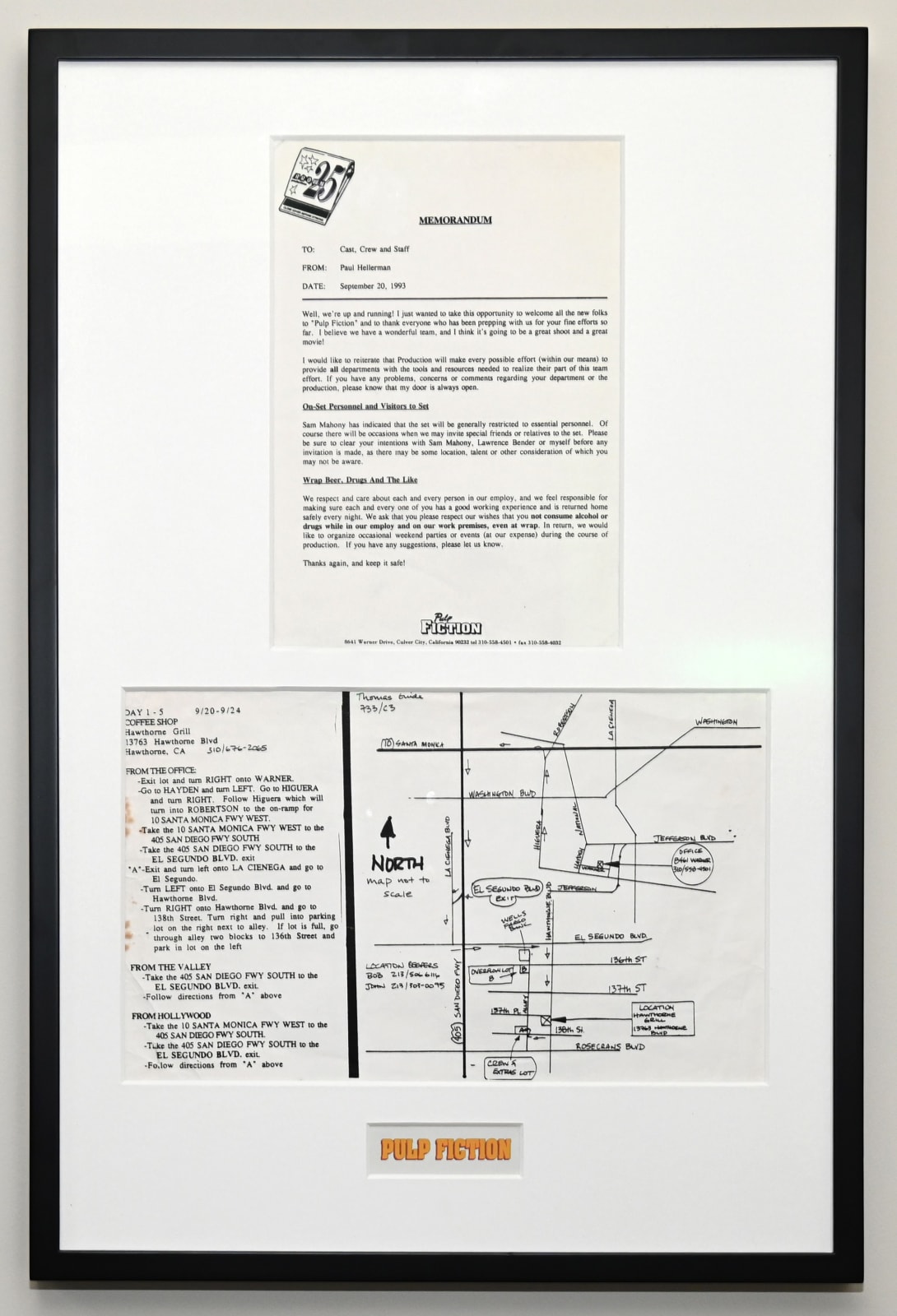 Brown Productions, Pulp Fiction Map and Call Sheet, 1993