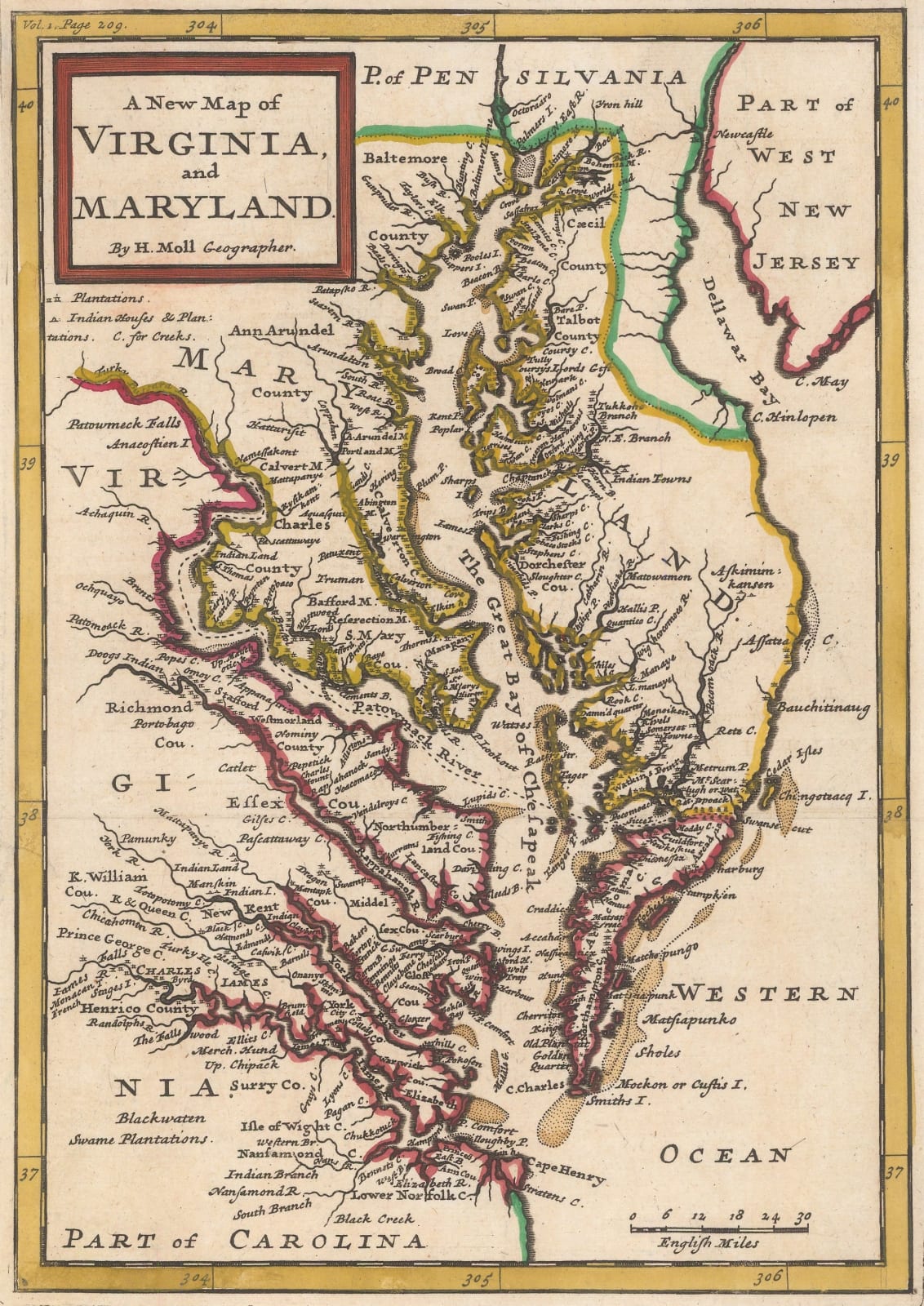 Herman Moll, Chesapeake Bay, Virginia and Maryland, 1739