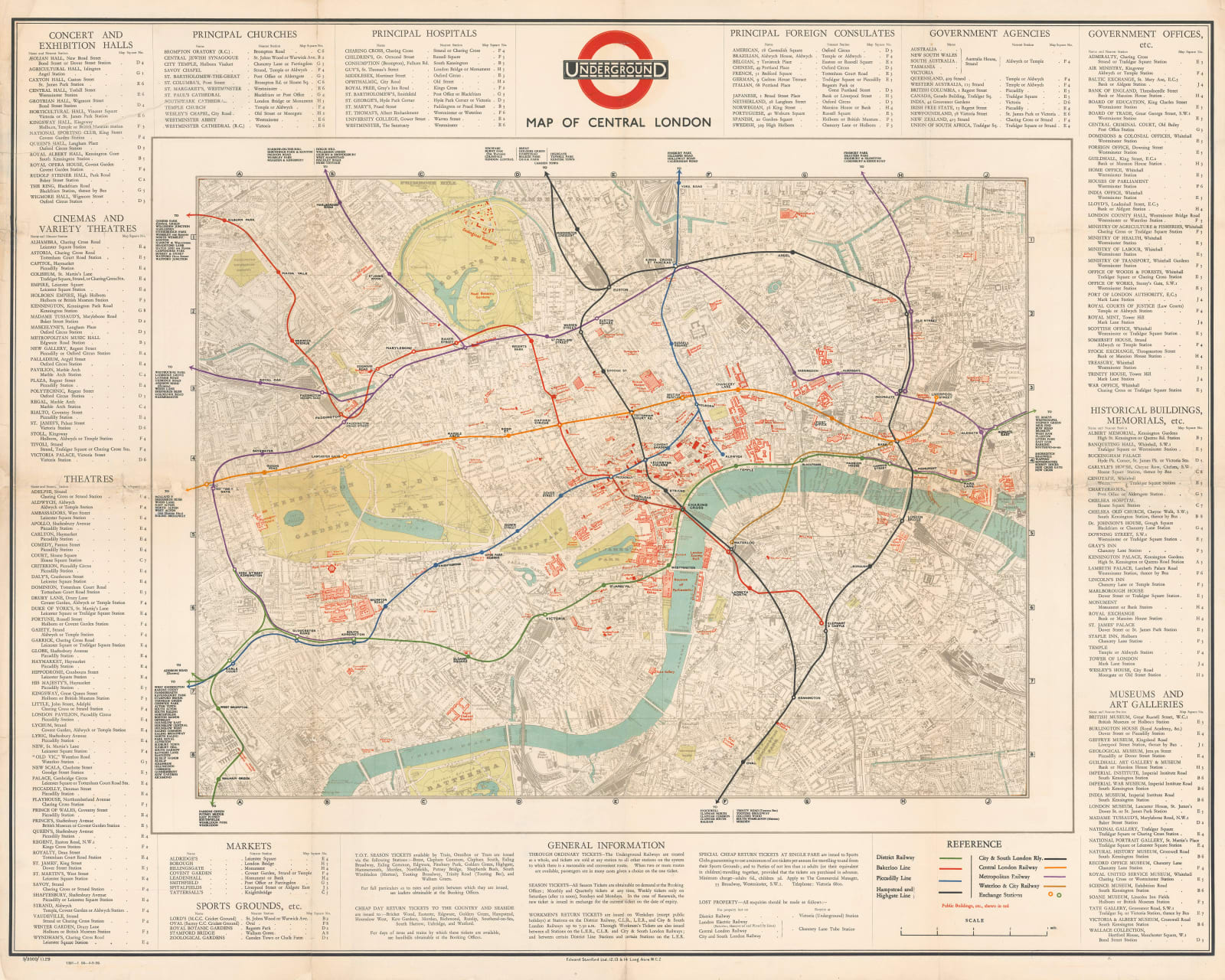 Edward Stanford, Quad Royal Underground Map of Central London, 1929