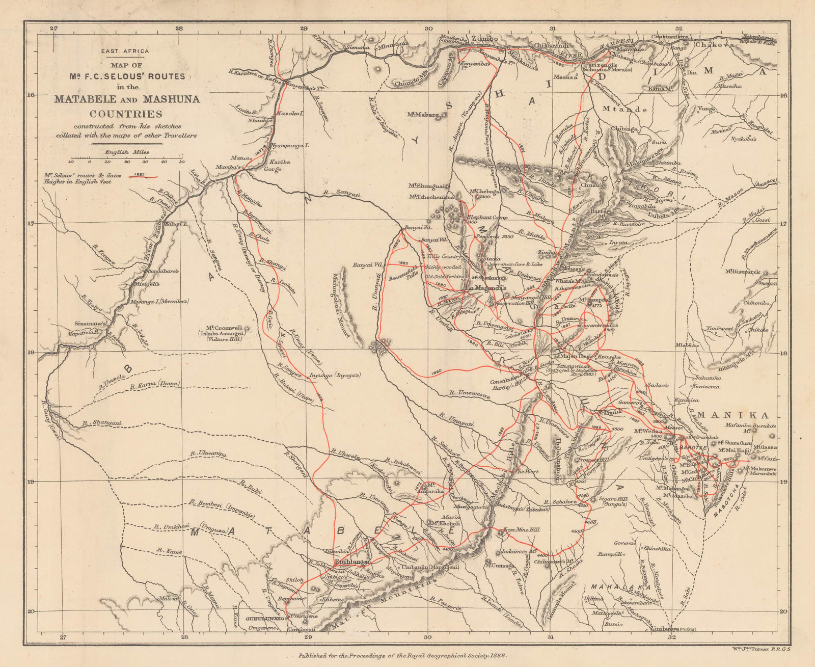 Royal Geographical Society (RGS), Map of Mr. F.C. Selous' Routes in the Matabele and Mashuna Countries, 1888