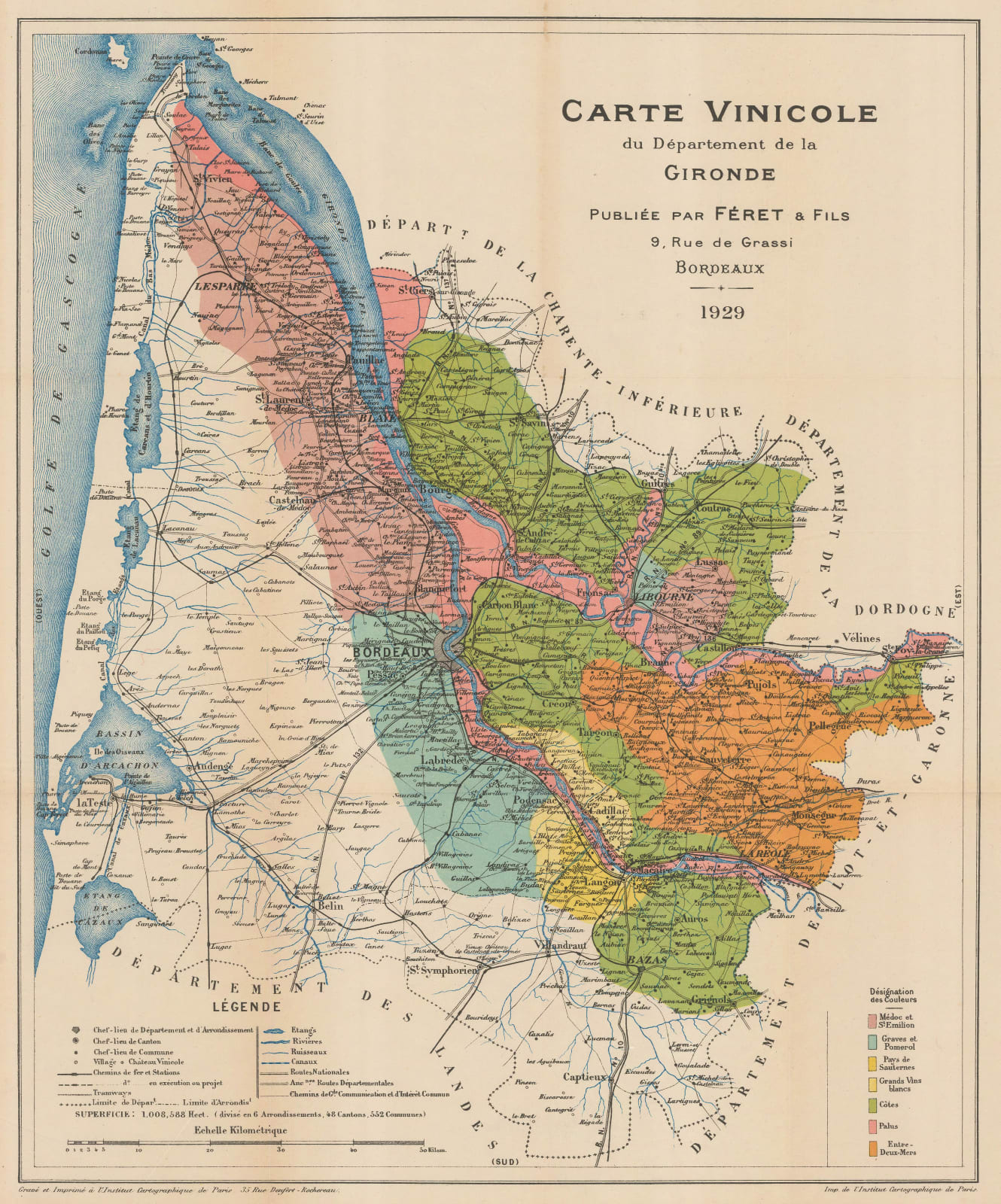 Féret & Fils, Carte Vinicole du Departement de la Gironde, 1929