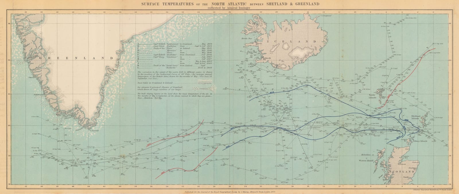 Royal Geographical Society (RGS), Surface Temperatures of the North Atlantic between Shetland & Greenland, 1870