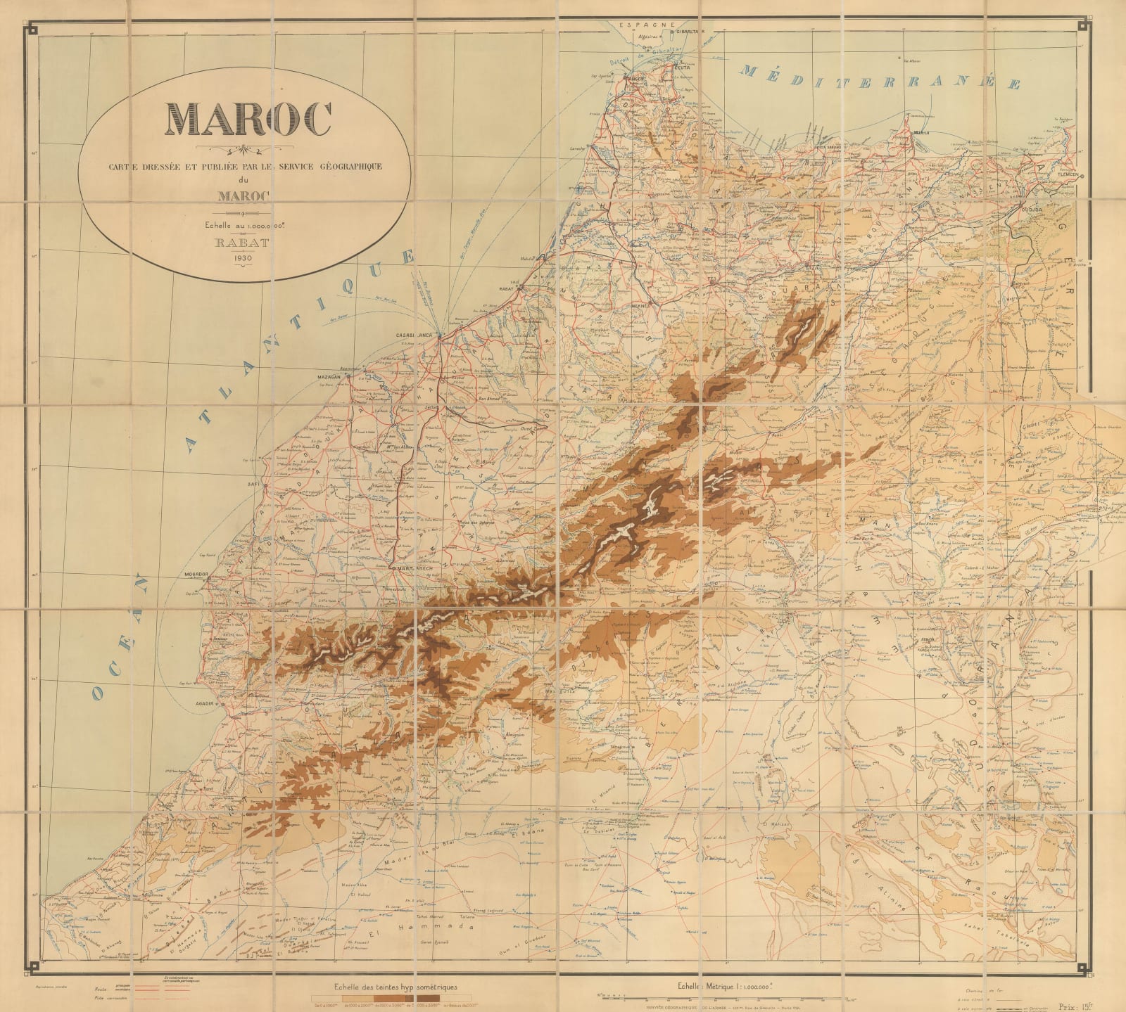 Service Géographique de l'Armée, Folding vintage map of Morocco, 1930