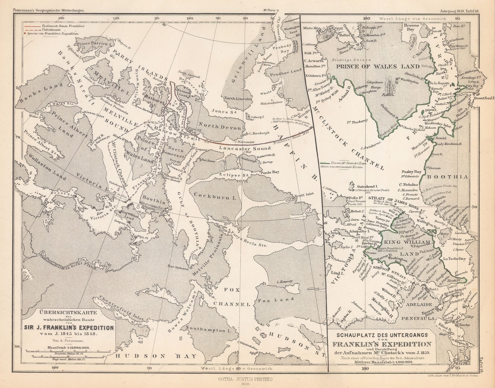 Justus Perthes, Übersichtskarte der wahrscheinlichen Route von Sir J. Franklin's Expedition, 1859