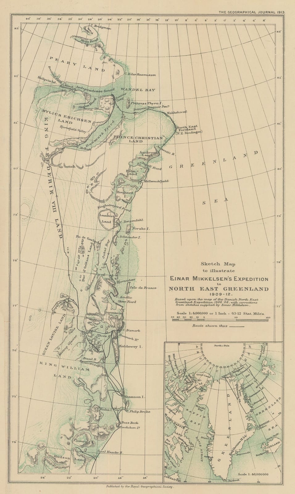 Royal Geographical Society (RGS), Sketch Map to Illustrate Einar Mikkelsen's Expedition to North East Greenland 1909-12, 1913