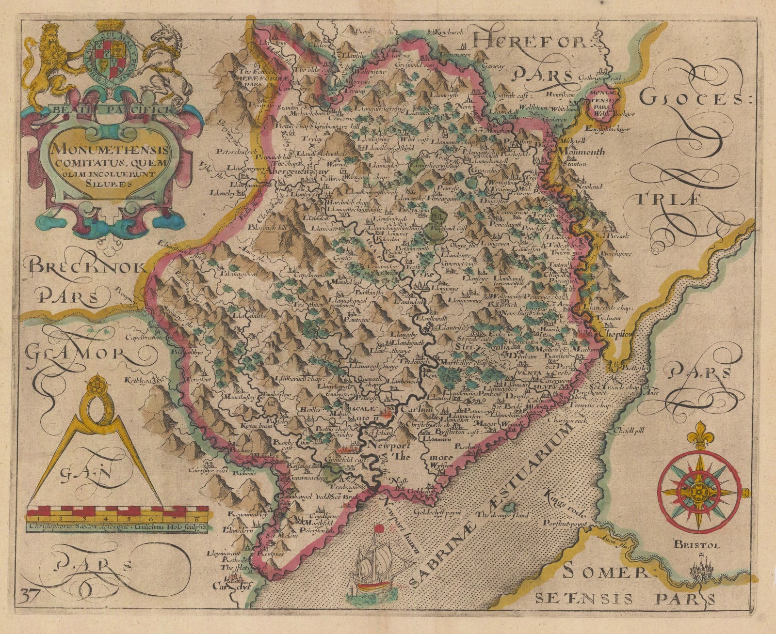 Christopher Saxton & William Hole, Monumethensis Comitatus, 1637