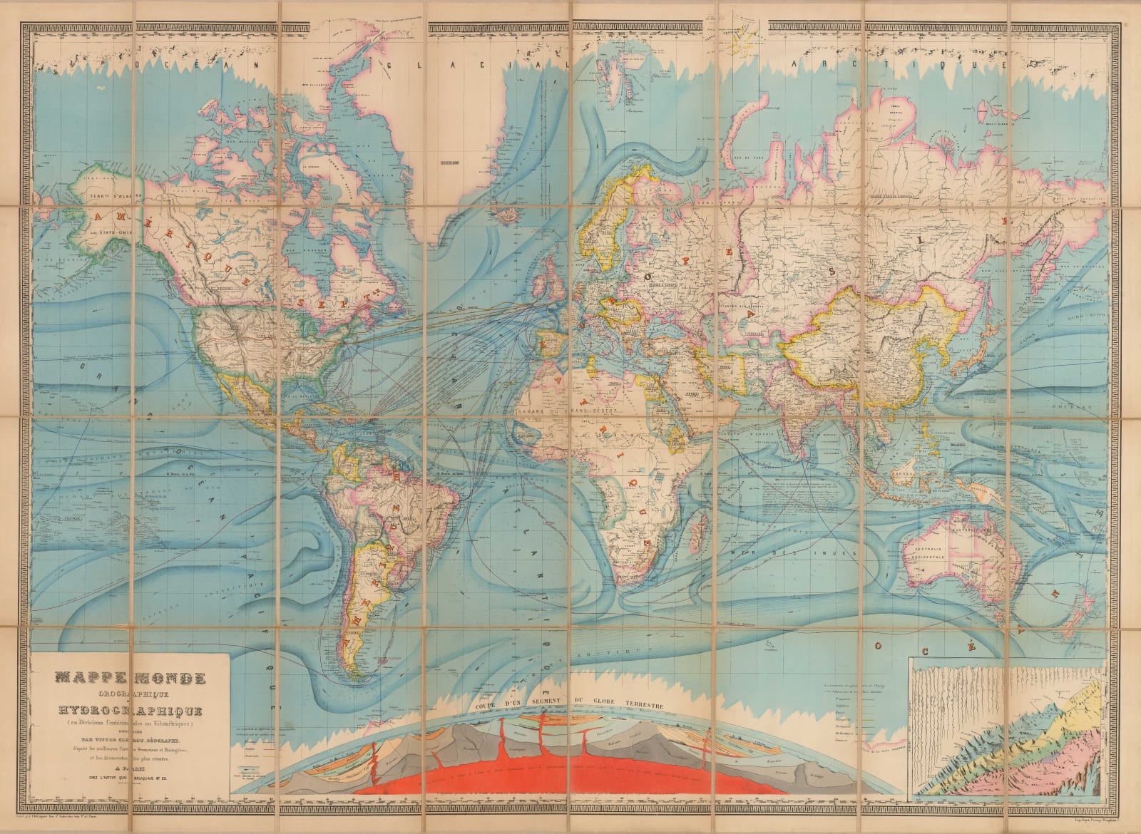 Victor Clerot, Mappemonde Orographique et Hydrographique, 1875 c.
