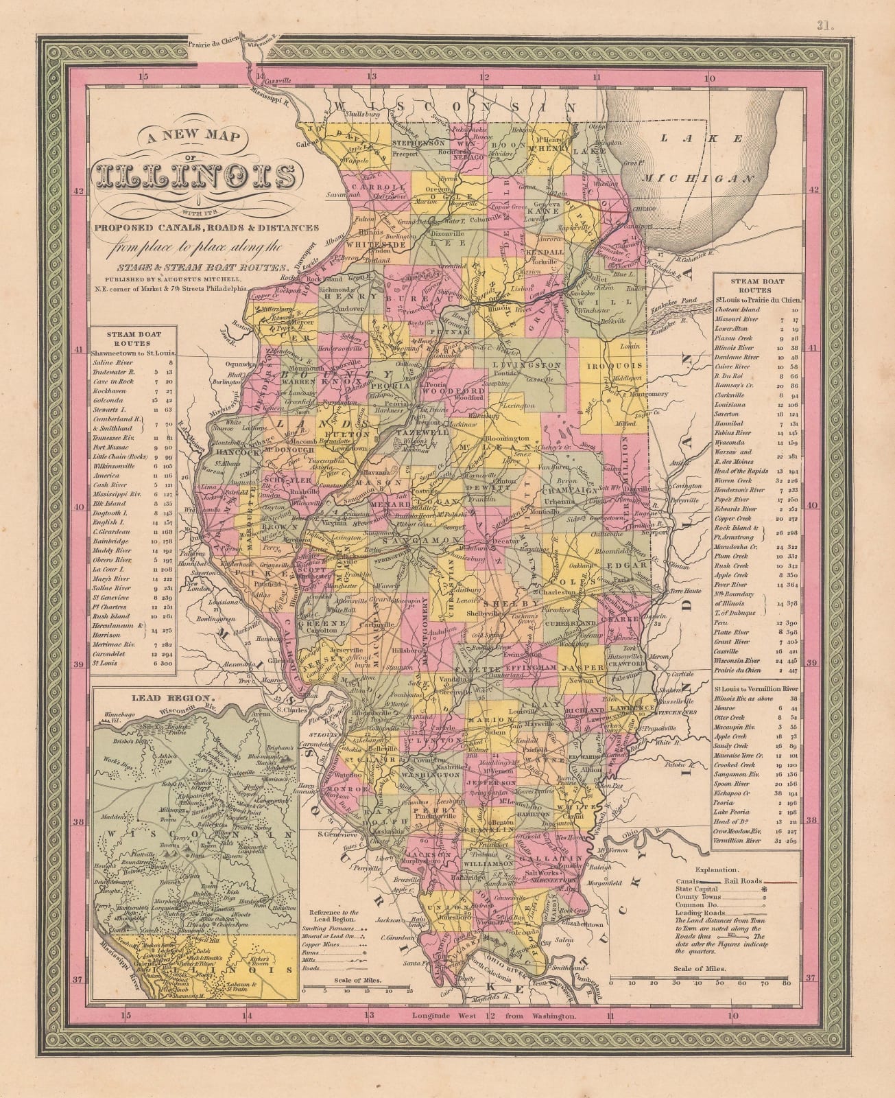 Samuel Augustus Mitchell, A New Map of Illinois with its Proposed Canals, Roads, & Distances, 1849