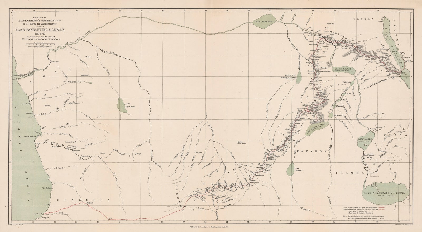 Royal Geographical Society (RGS), Reduction of Lieut. Cameron's Preliminary Map of his Route & The Adjacent Country between Lake Tanganyika & Lovale, 1876