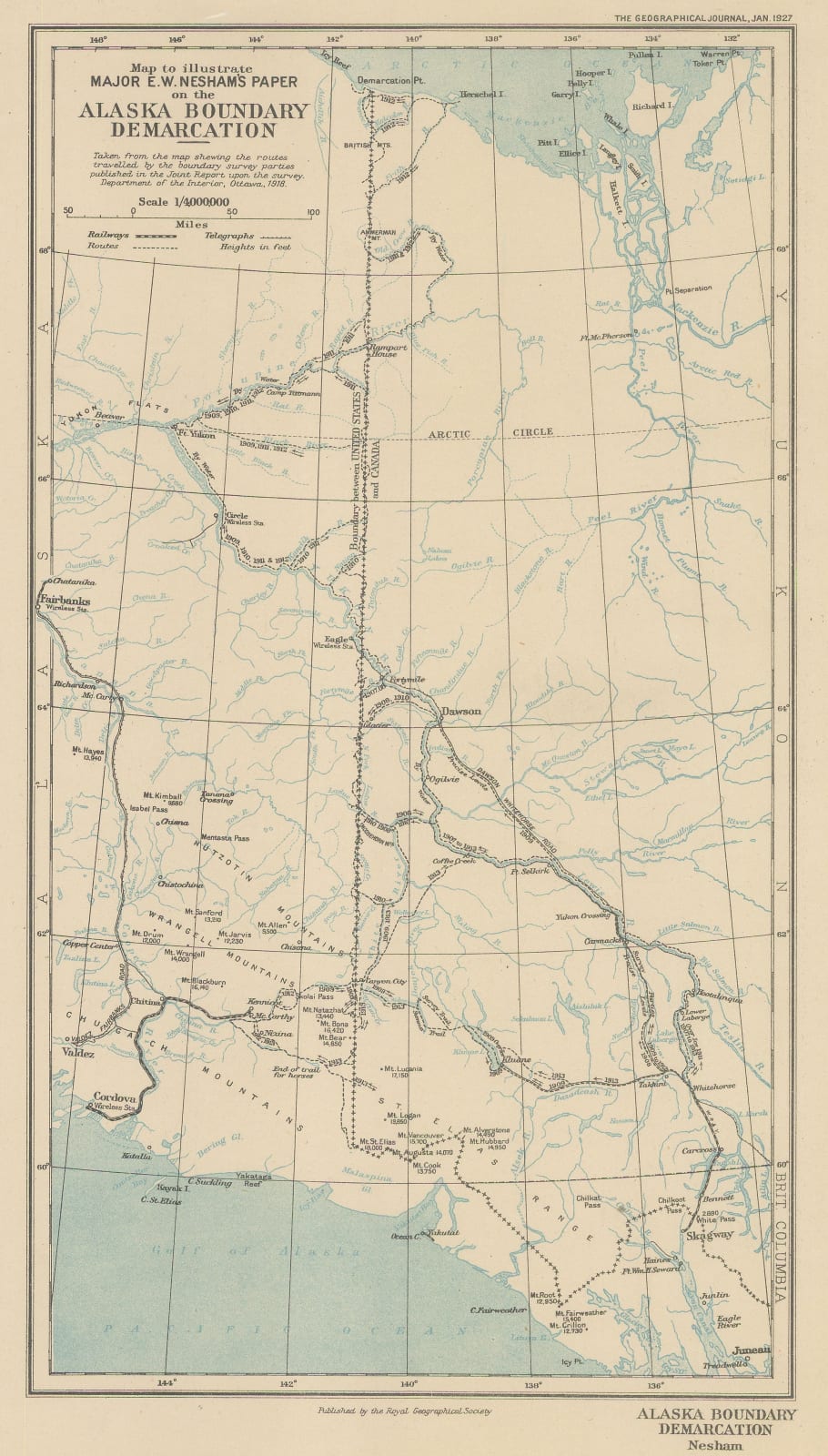 Royal Geographical Society (RGS), Map to Illustrate Major E.W. Nesham's Paper on the Alaska Boundary Demarcation, 1927