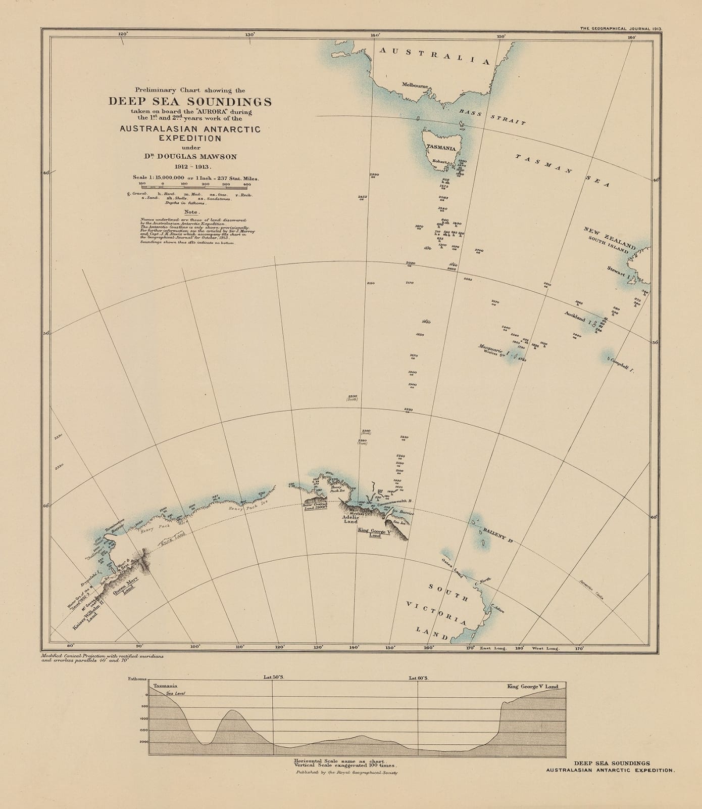 Royal Geographical Society (RGS), Preliminary Chart showing the Deep Sea Soundings taken on board the 'Aurora' during the 1st and 2nd years work of the Australasian Antarctic Expedition, 1913