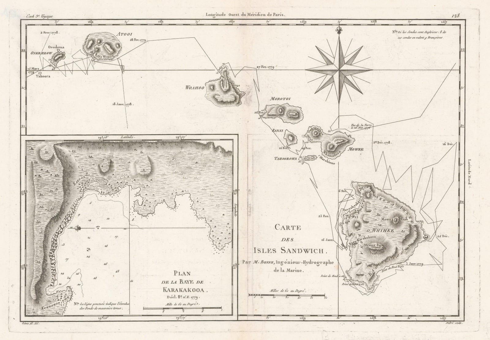 Rigobert Bonne, Early map of Hawaii based on Capt. Cook, 1780 c.