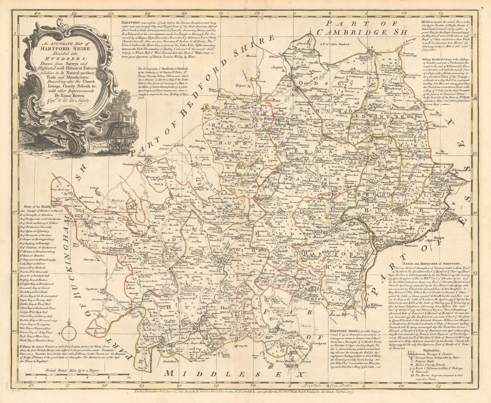 Emanuel Bowen, An Accurate Map of Hartford Shire, 1777