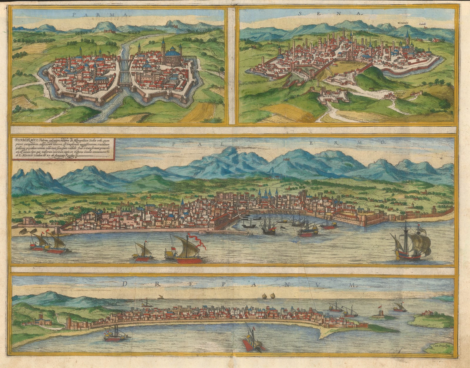 Georg Braun & Frans Hogenberg, Parma, Siena, Palermo & Trapani, 1572