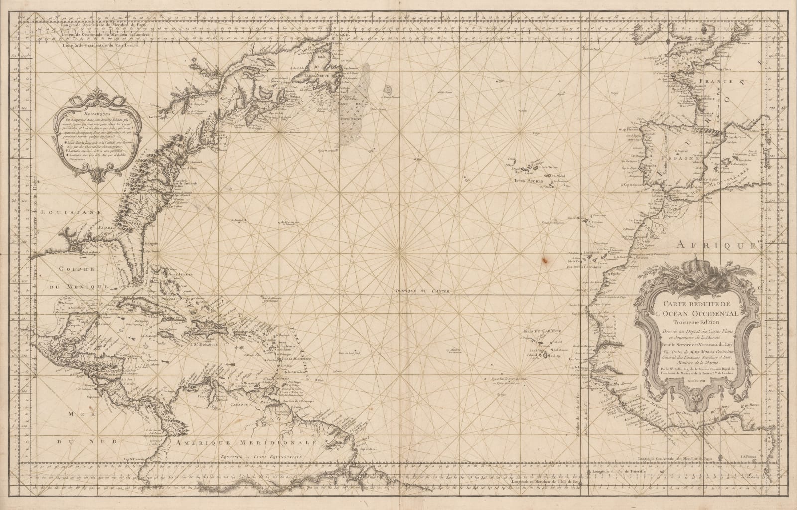 Jacques-Nicolas Bellin, French sea chart of the Atlantic Ocean, 1757