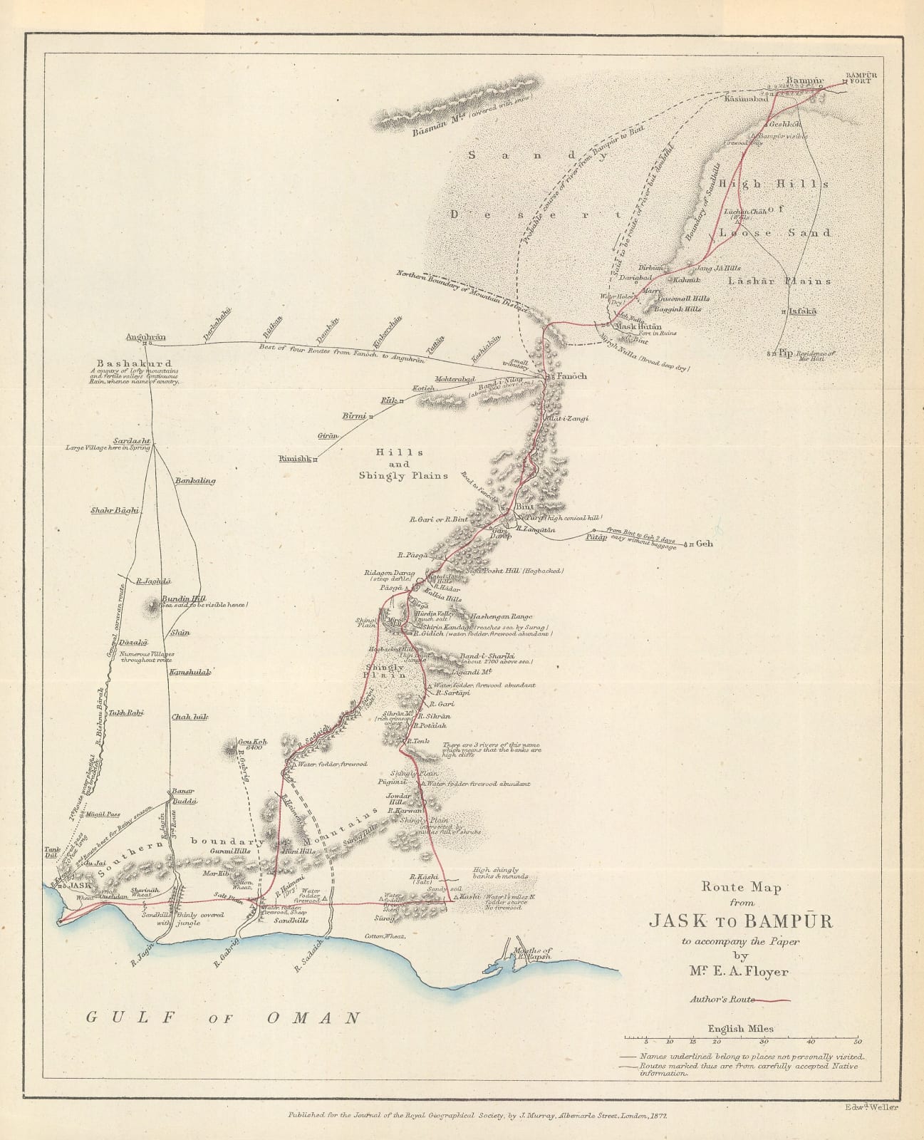 Royal Geographical Society (RGS), Route Map from Jask to Bampūr, 1877