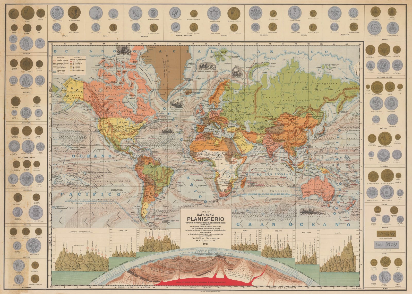 J. Dosseray, Nuevo Mapa-Mundi Planisferio, 1911