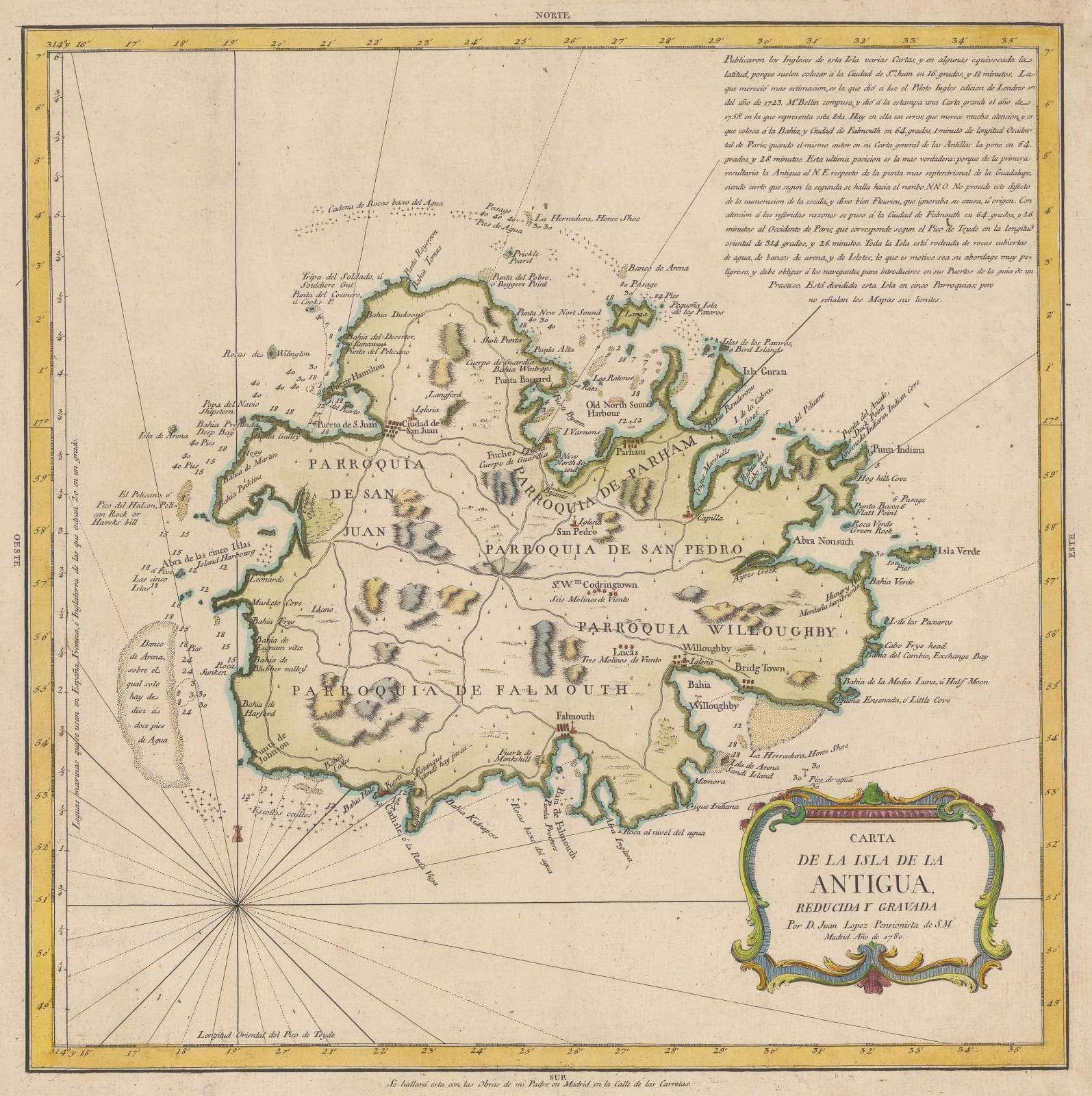 Juan Lopez, Uncommon Spanish map of Antigua, 1780