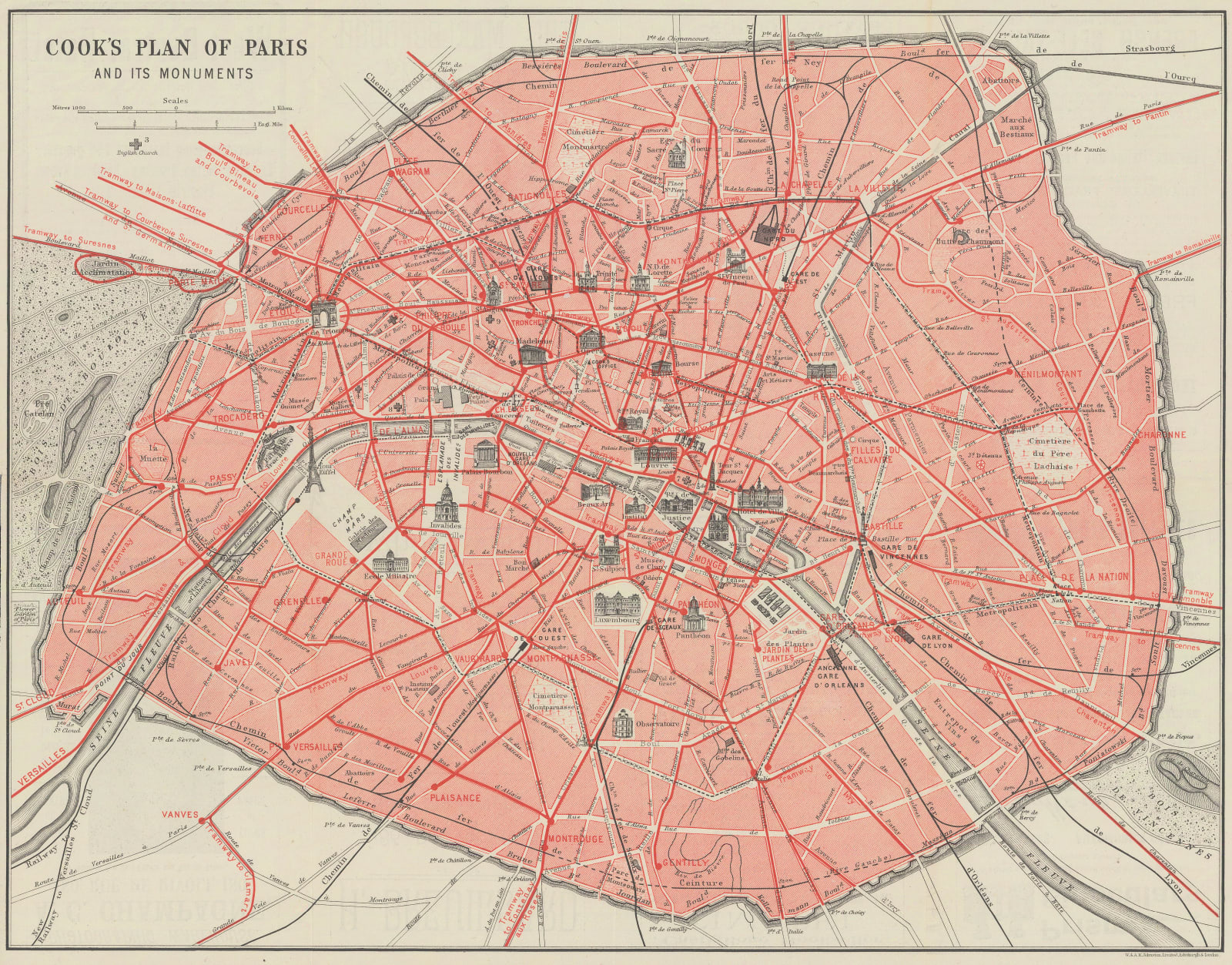W. & A.K. Johnston, Plan of Paris and its Monuments, 1907