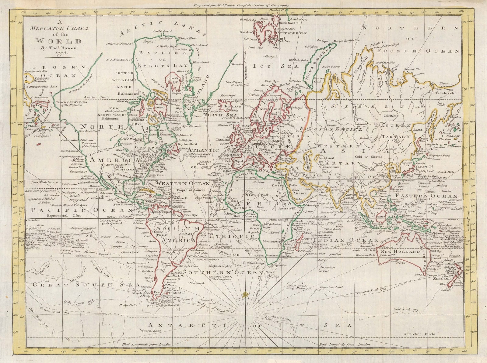 Thomas Bowen, A Mercator Chart of the World., 1778