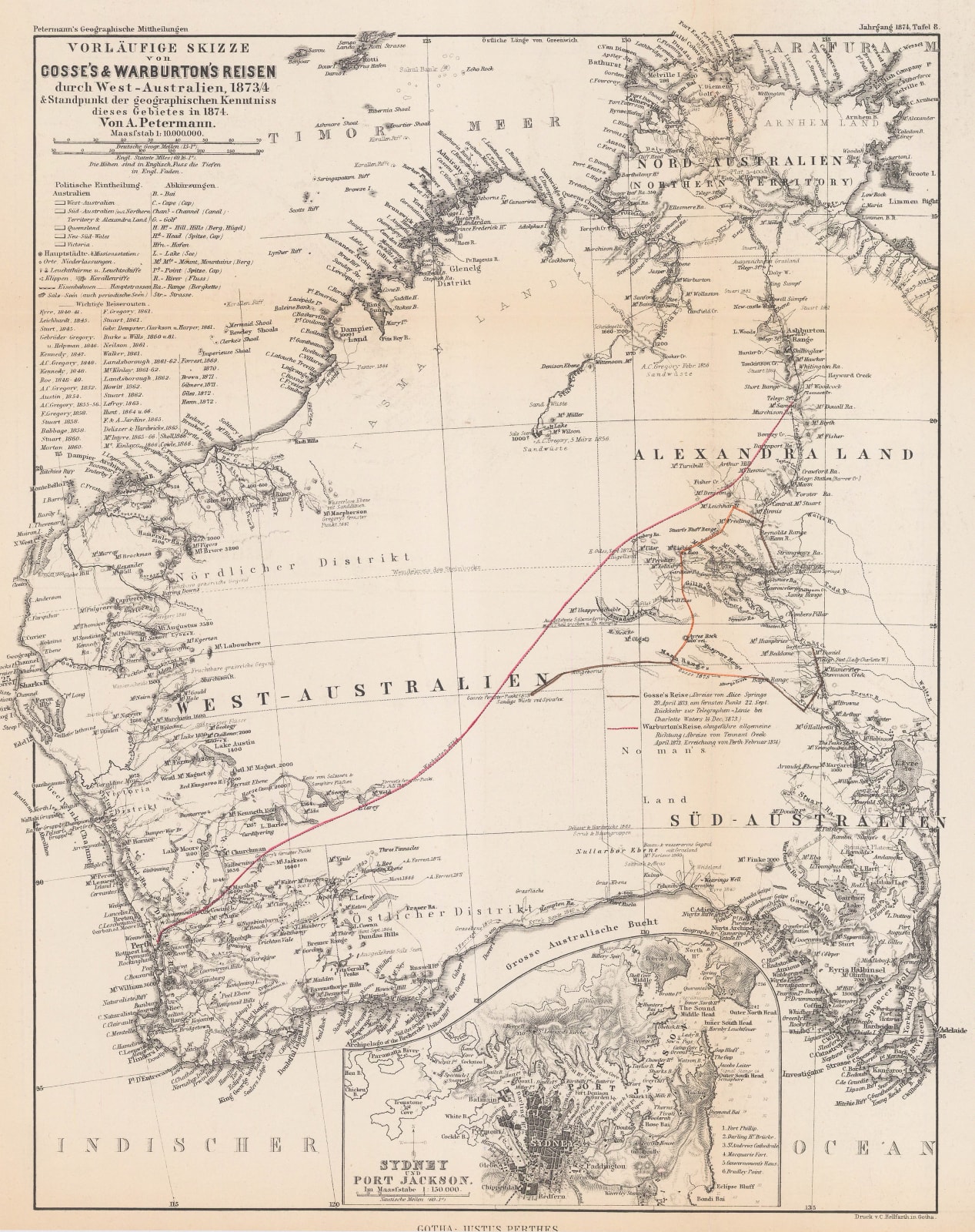 Justus Perthes, Gosse & Warburton's Expeditions in Western Australia, 1874