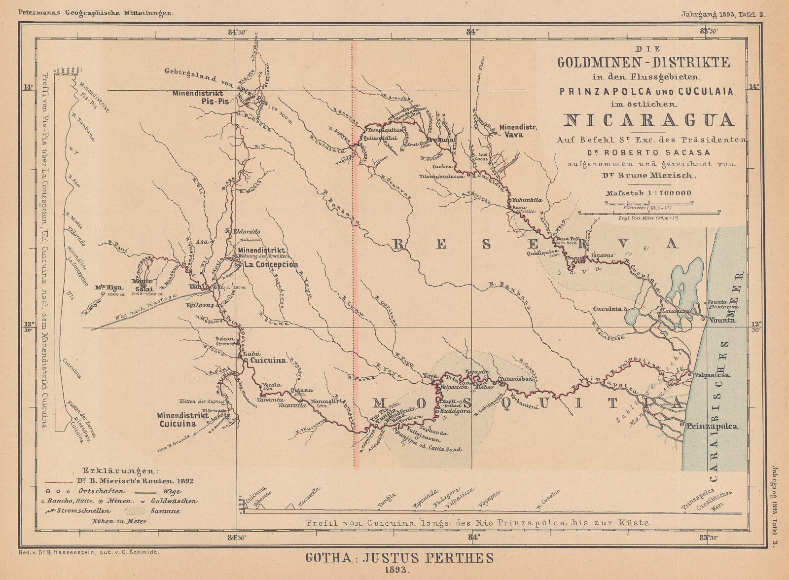 Justus Perthes, Gold mining region of northeast Nicaragua, 1893