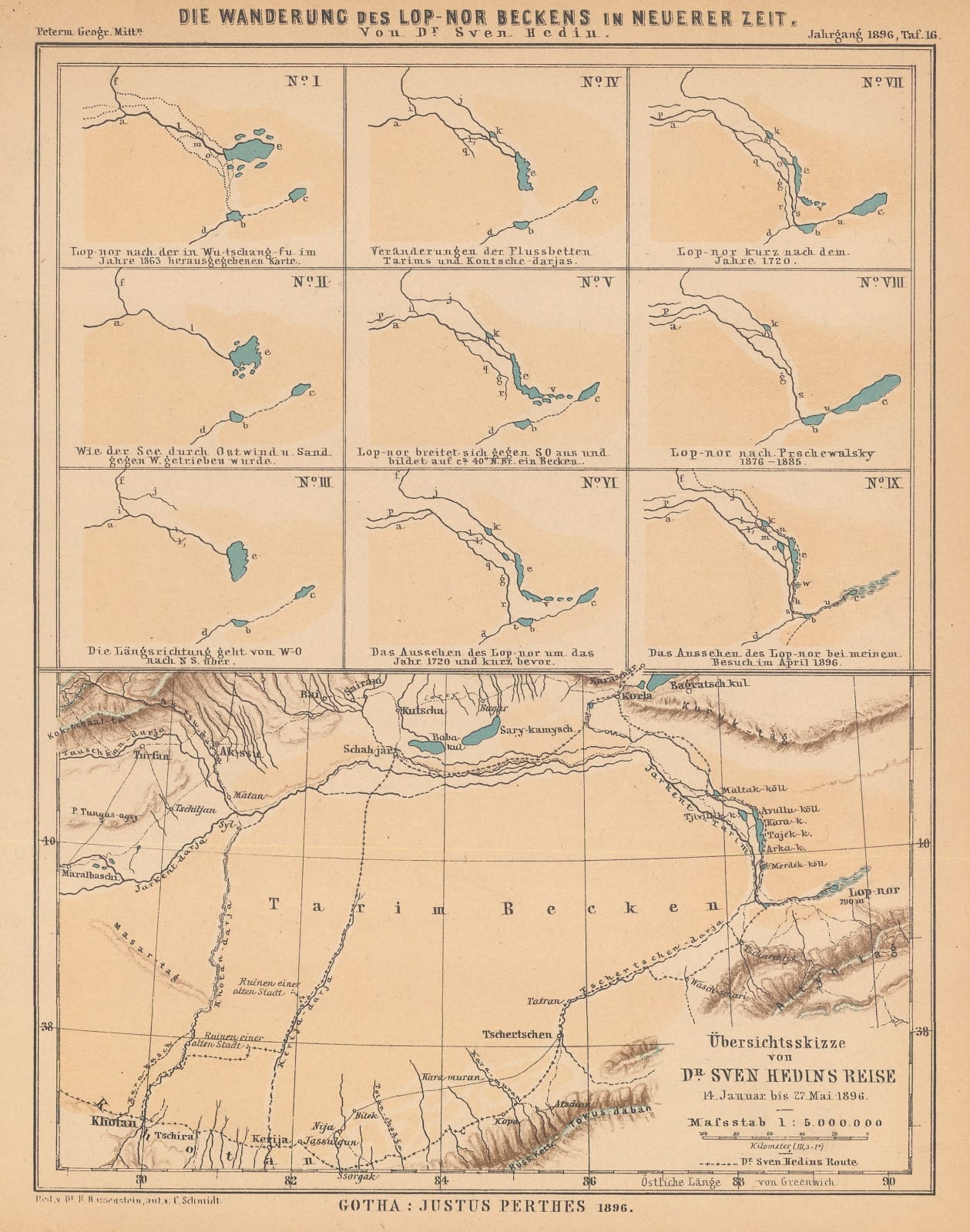 Justus Perthes, Lop-Nor basin, north west China, 1896