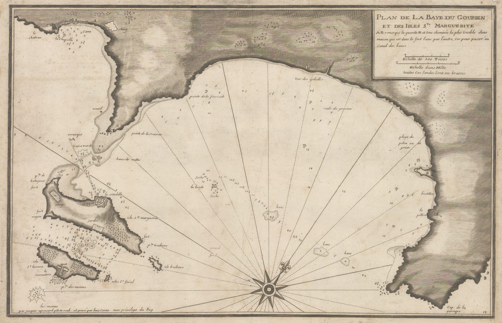 Jacques Ayrouard, Chart of the French Riviera coast from Cannes to Antibes, 1746