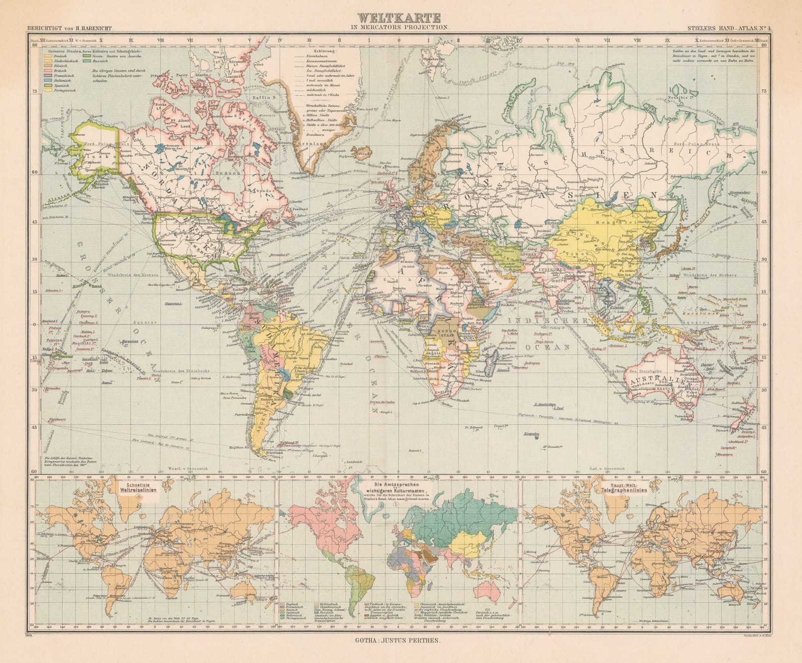 Justus Perthes, The World on Mercator's Projection, 1909