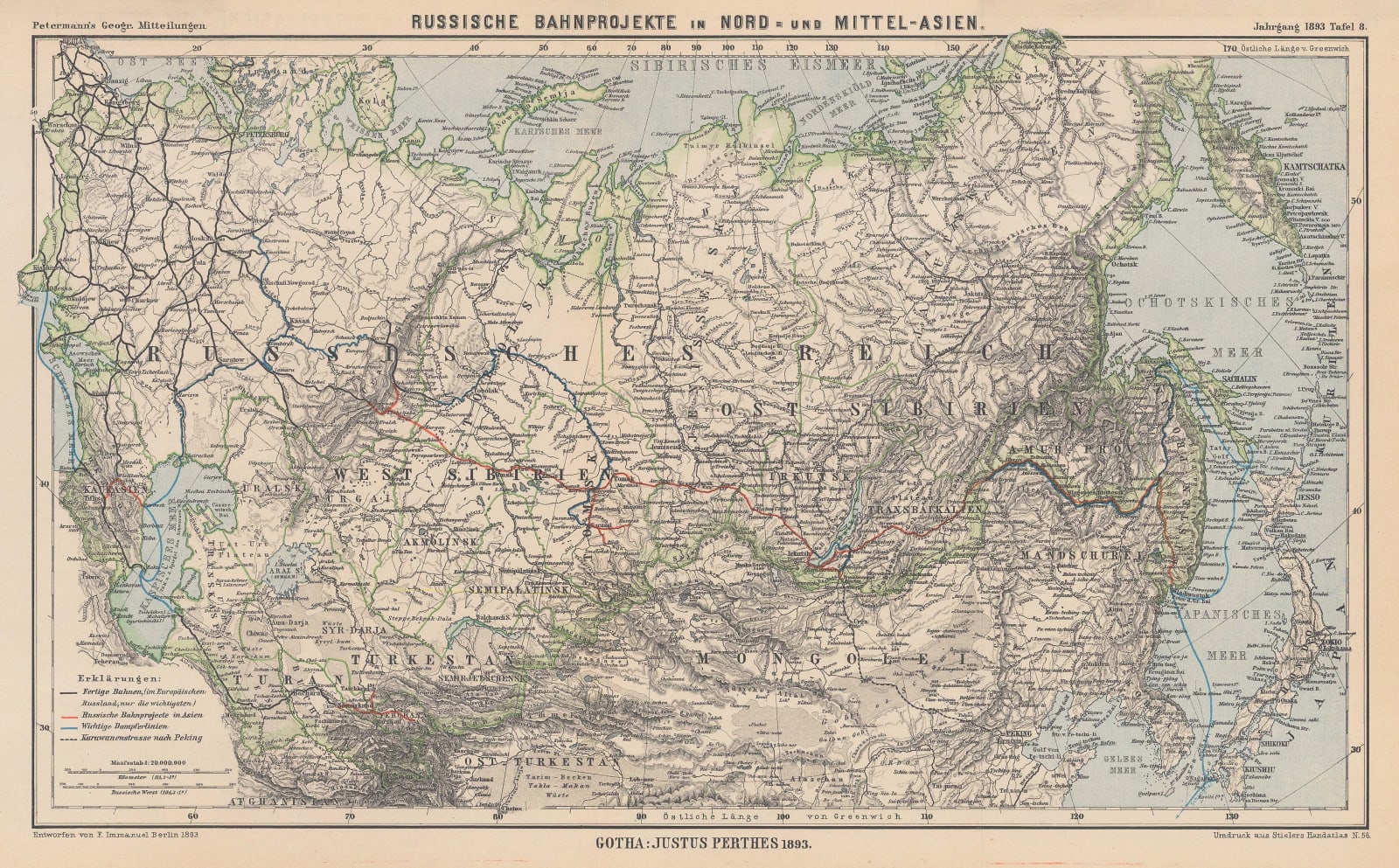 Justus Perthes, Projected Route of the Trans-Siberian Railway, 1893