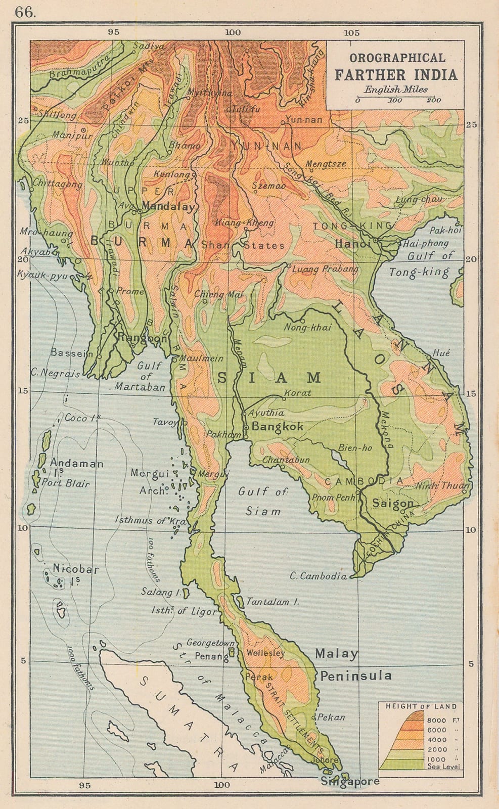 J.G. Bartholomew, Orographical map of Malaysia, Laos, Cambodia, Thailand and Myanmar, 1890 c.