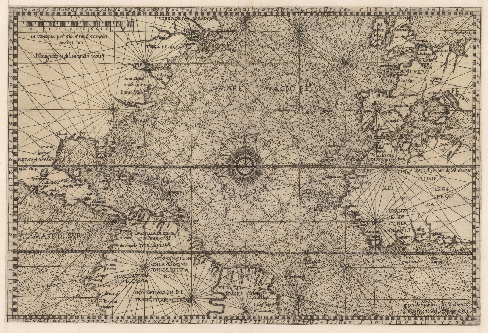 Giovanni Camocio, Rare Lafreri Chart of the Atlantic Ocean, 1560