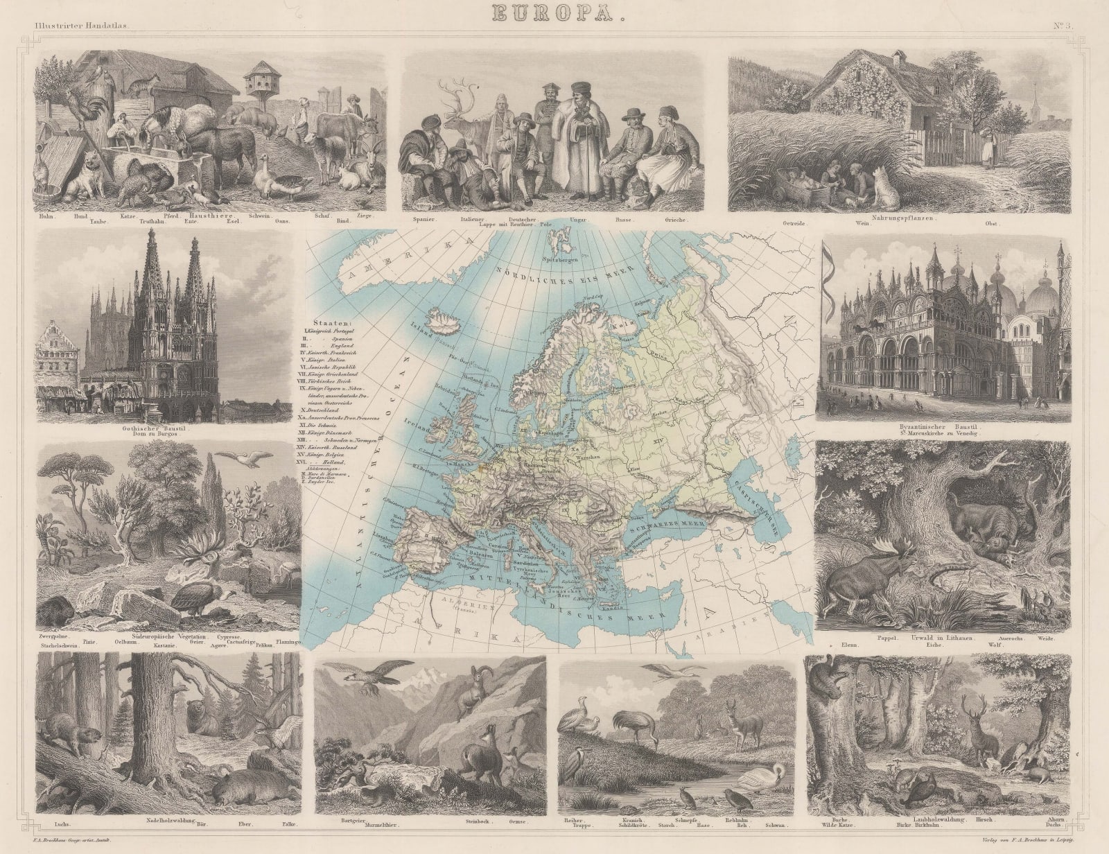F.A. Brockhaus, Decorative map of Europe, 1859