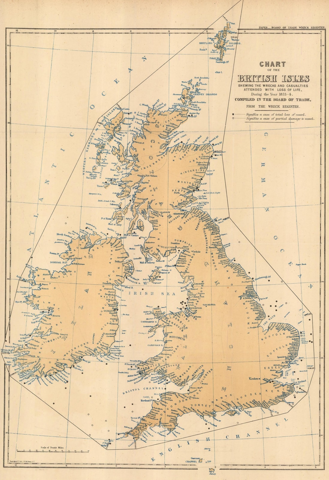 Board of Trade Wreck Register, Shipwreck Chart of Britain & Ireland, 1875