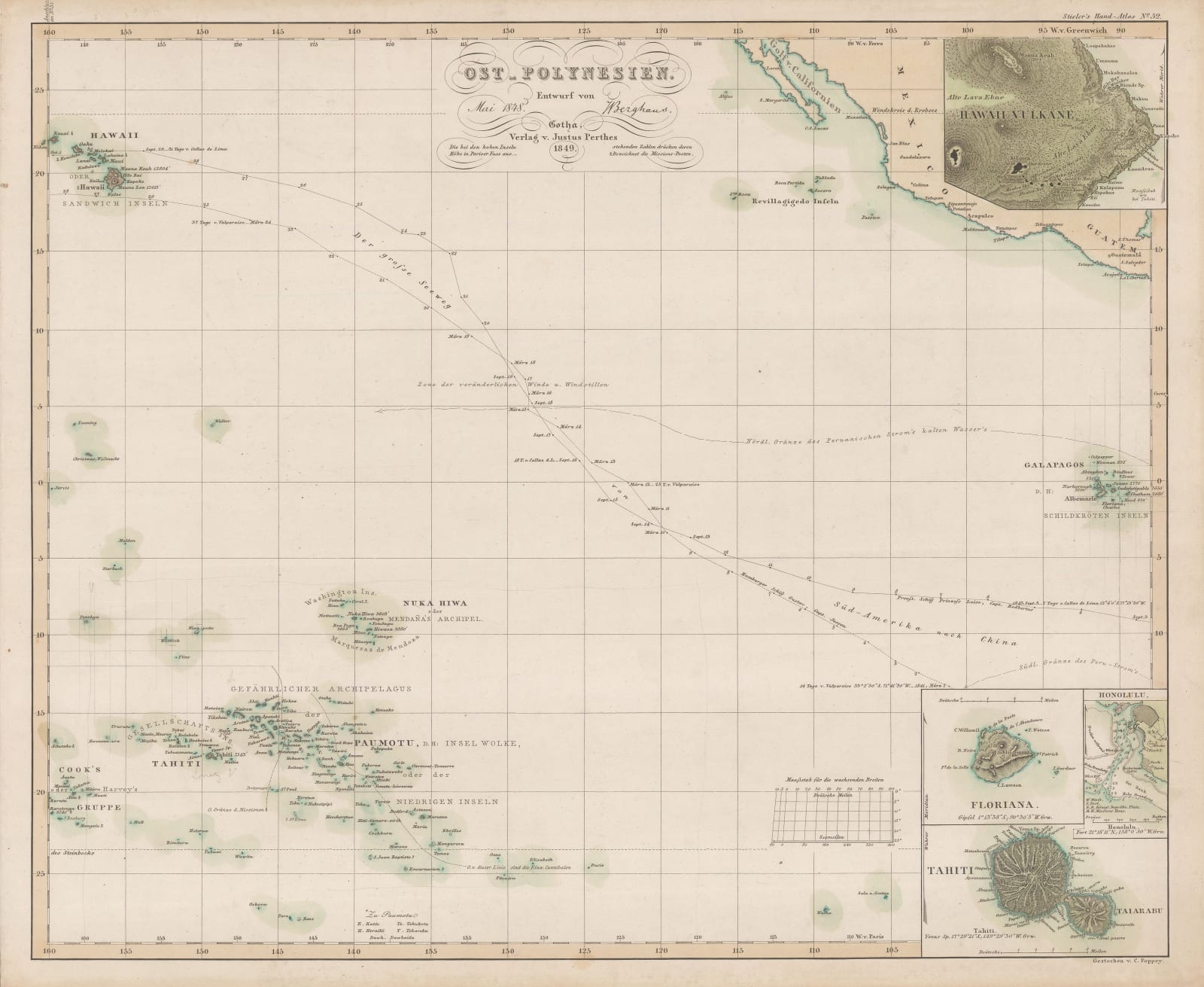 Justus Perthes, Eastern Pacific Ocean from Hawaii to Galapagos Islands, 1849