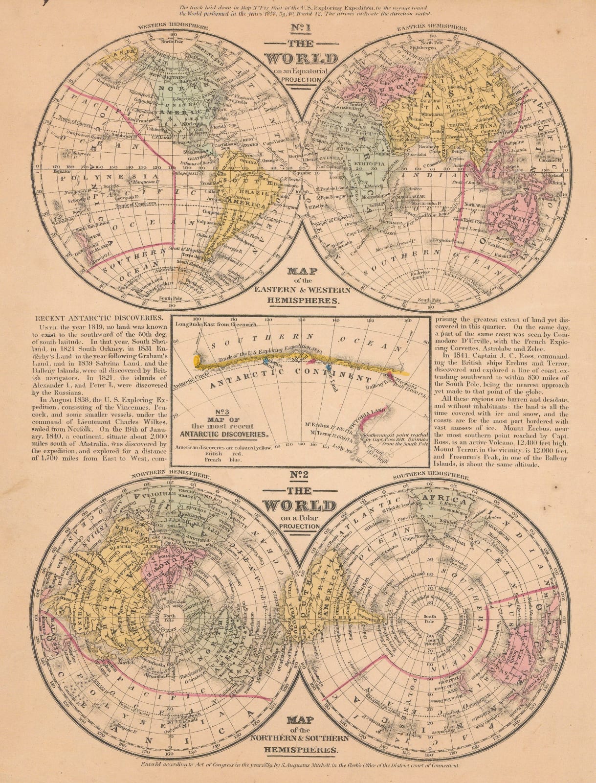 Samuel Augustus Mitchell, The World, the World on a Polar Projection & recent Antarctic Discoveries, 1847 (c.)