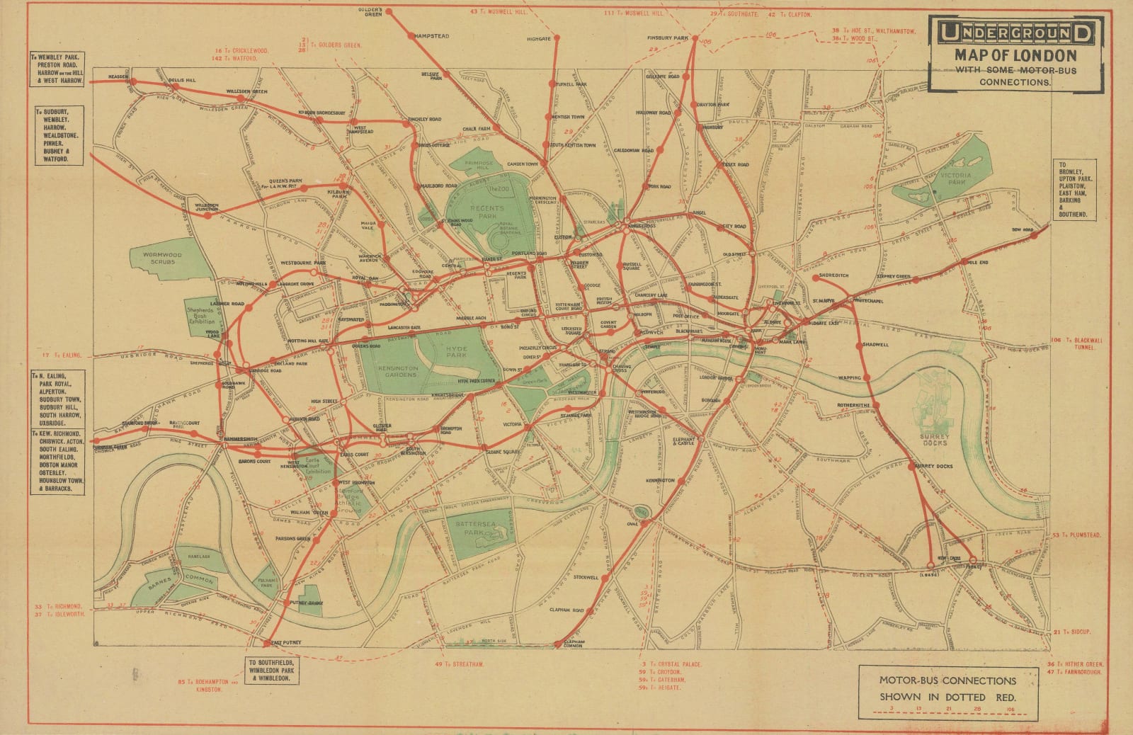 London Underground, Underground Map of London with some Motor Bus Extensions, 1916