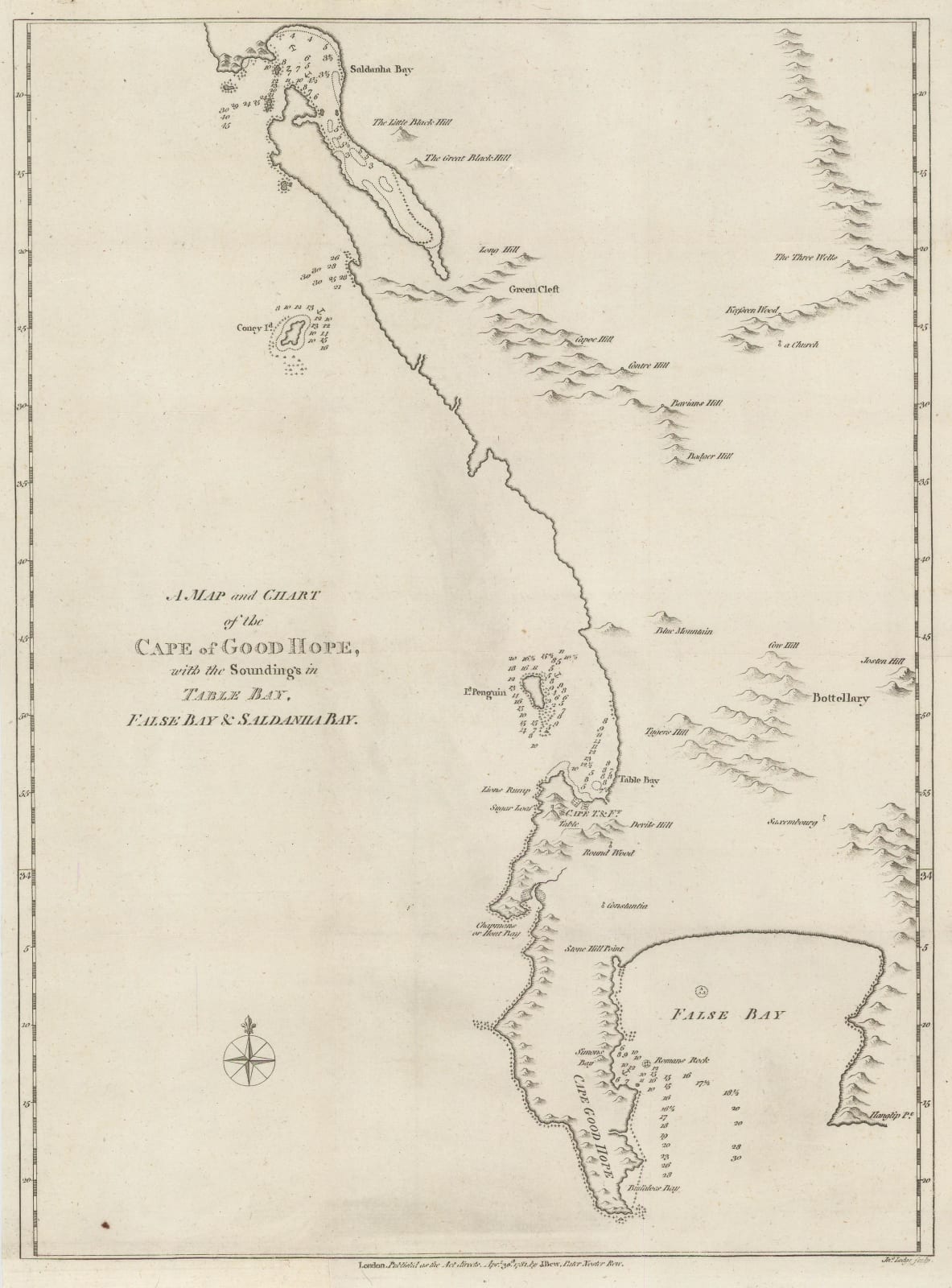 John Bew, A Map and Chart of the Cape of Good Hope, with the Soundings in Table Bay, False Bay & Saldaniia Bay, 1781