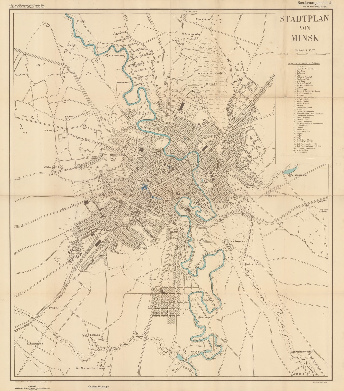Luftwaffe, WW2-era map of Minsk, 1941 c.