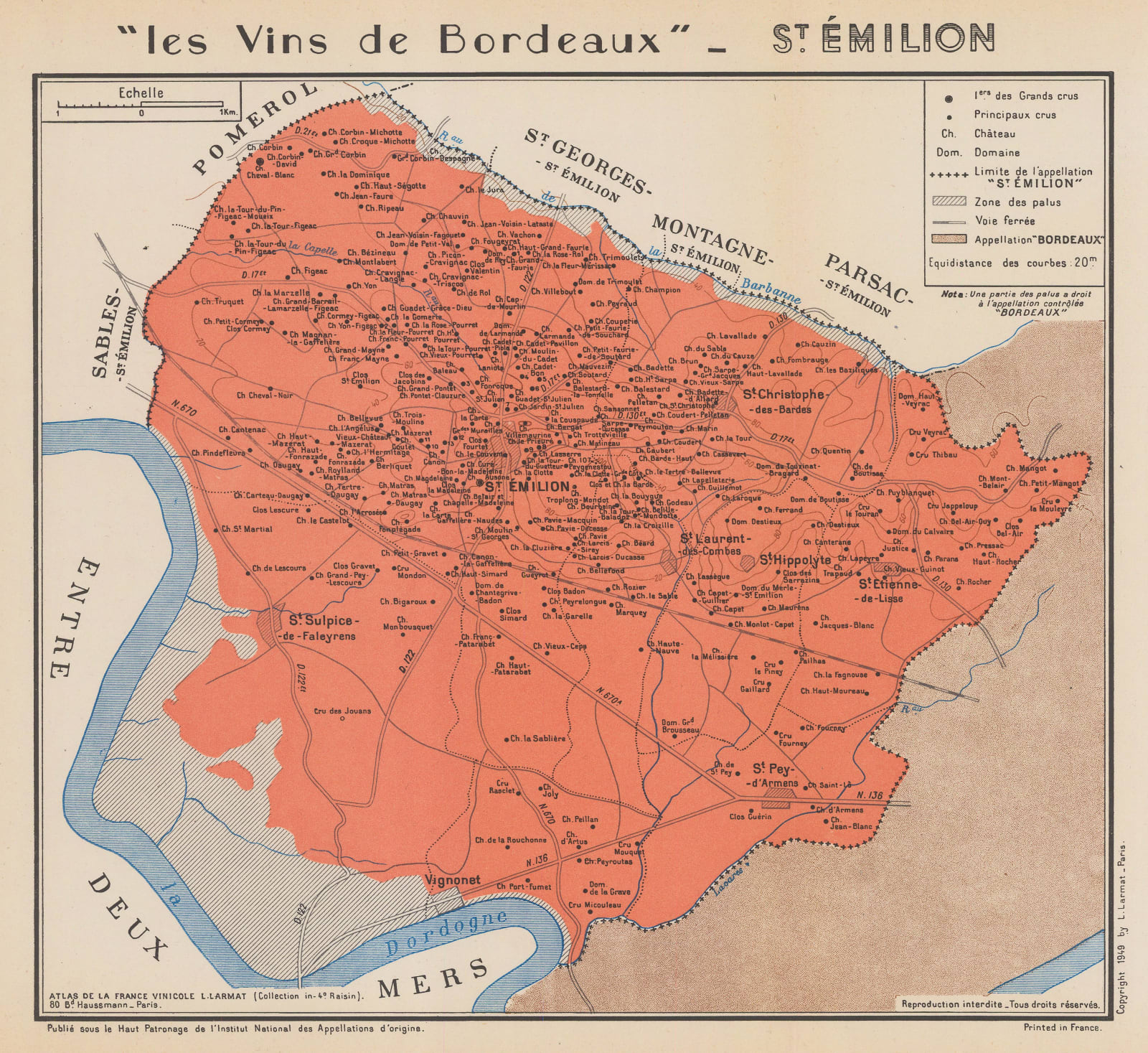 Larmat, Wine map of St. Emilion, Bordeaux, 1949