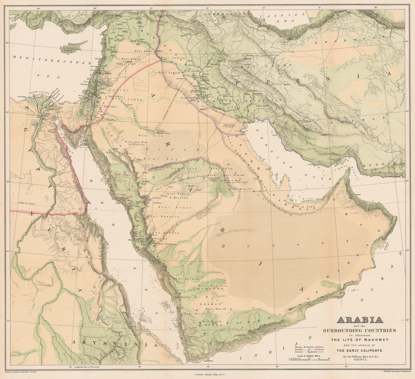 Edward Stanford, Arabia and the Surrounding Countries to illustrate the life of Mahomet and the Annals of the early Caliphate, 1883