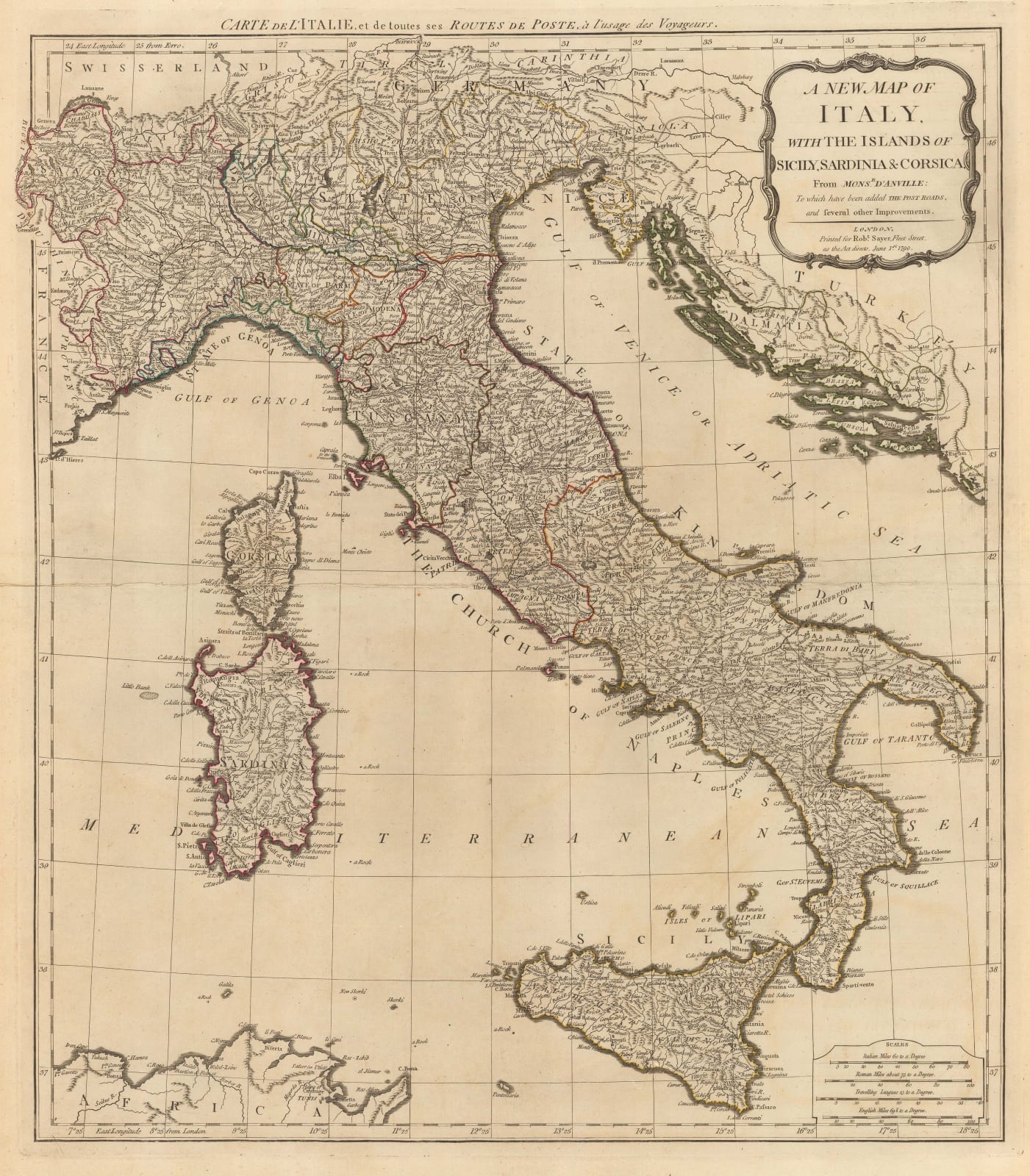 Robert Sayer, Italy, Sicily, Sardinia & Corsica, 1790