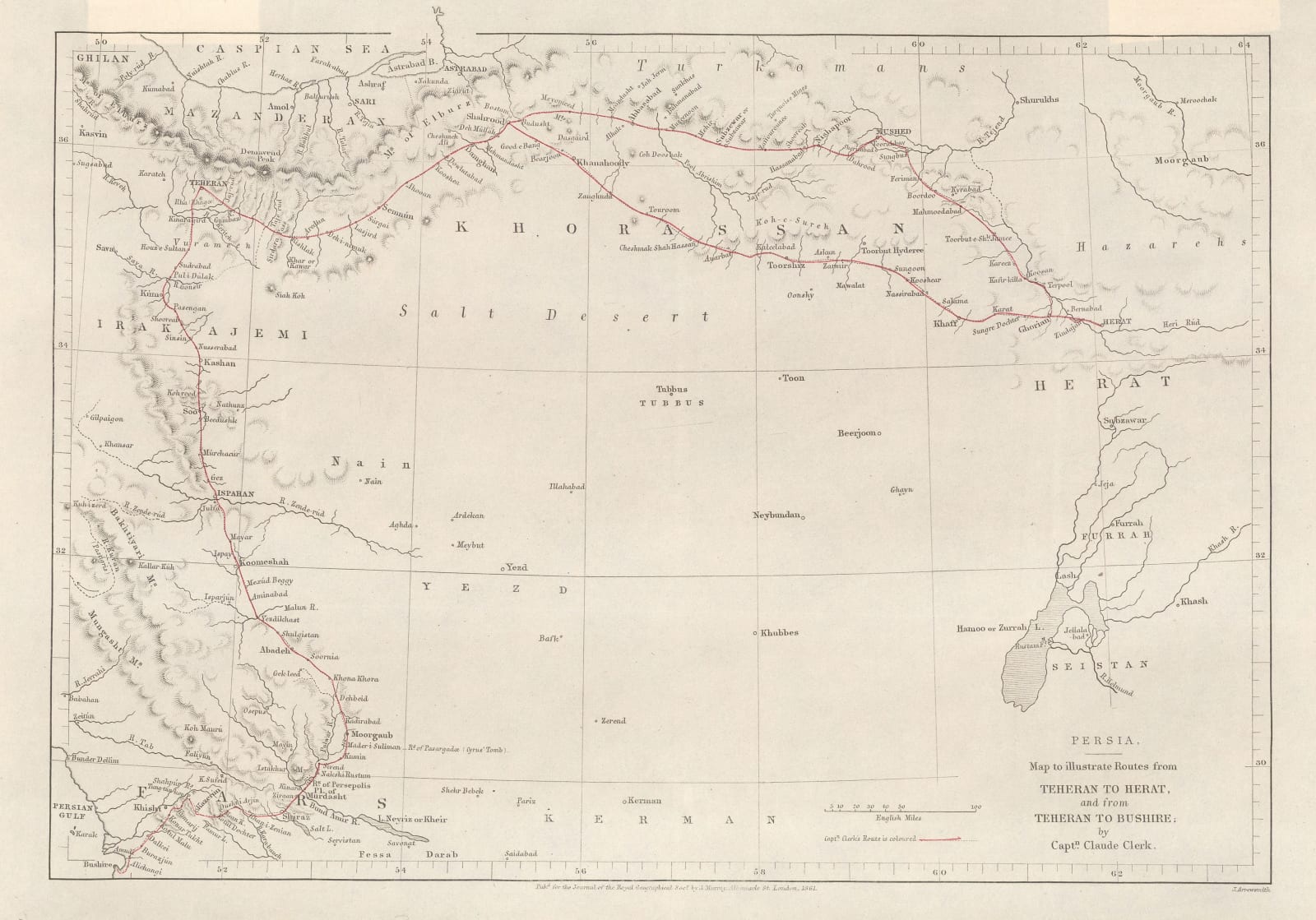 Royal Geographical Society (RGS), Route map from the Persian Gulf to Tehran and Herat, 1861