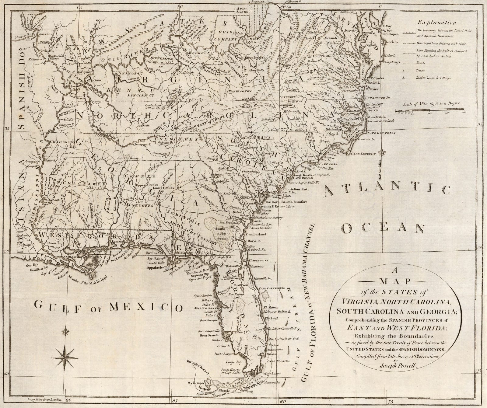 Joseph Purcell, A Map of the States of Virginia, North Carolina, South Carolina and Georgia, 1795